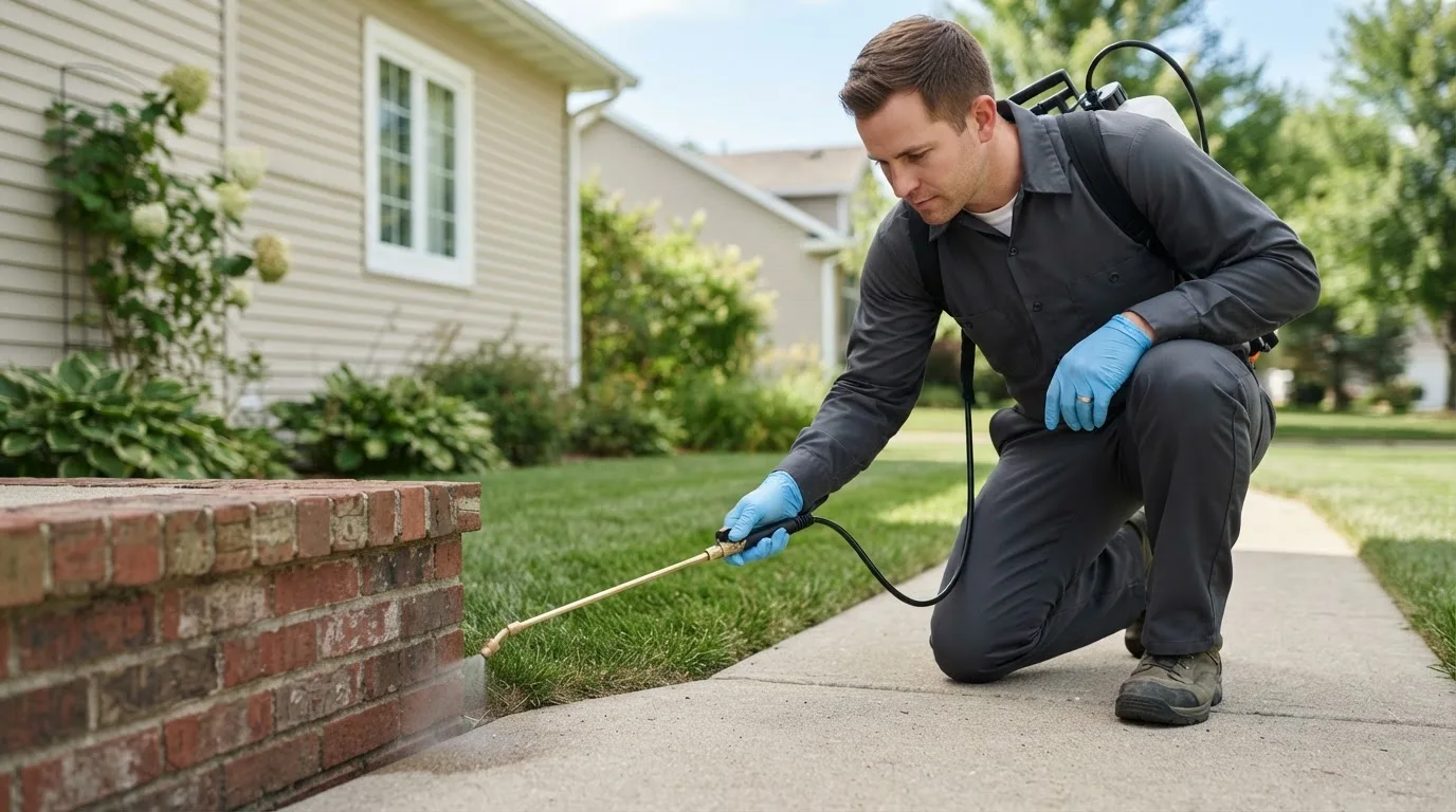 Pest control technician treating a home near Marlow, OK