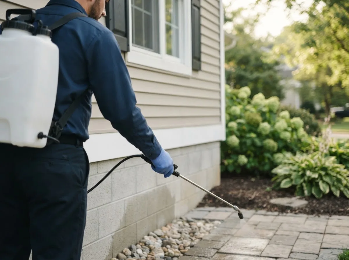 Pest control technician inspecting a home in Marlow, OK